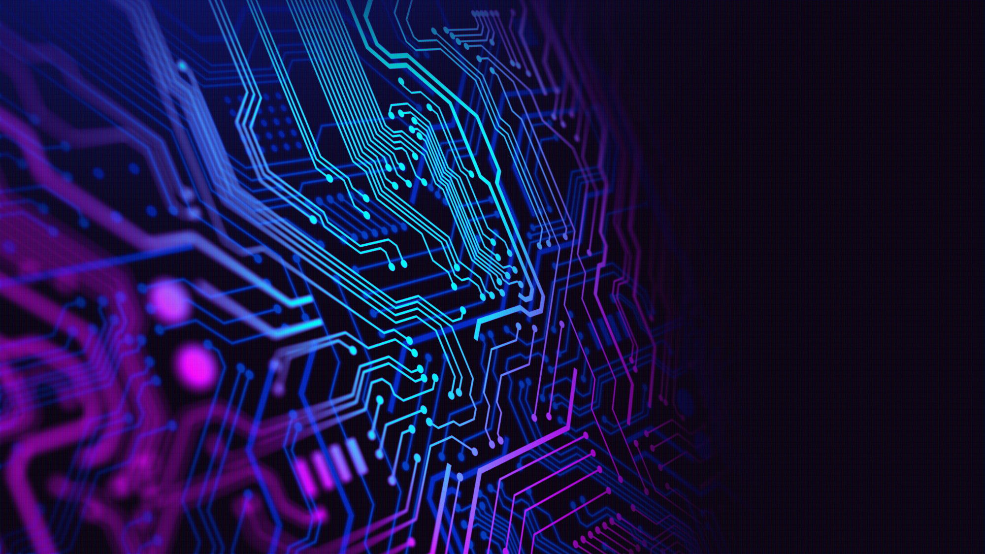 <p>Close-up of a blue and purple coloured circuit board.</p>