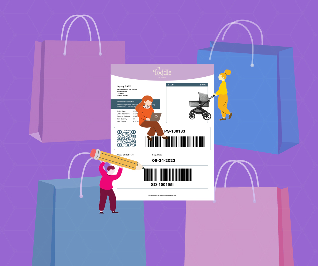 <p>Illustration with little dudes creating a document with barcodes for a baby pram, shopping bags in the background.</p>
