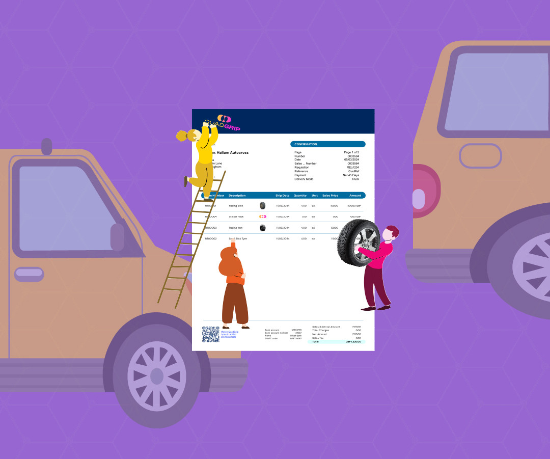 <p>Illustration with little dudes creating a document for an order confirmation of tyres, yellow cars in the background.</p>