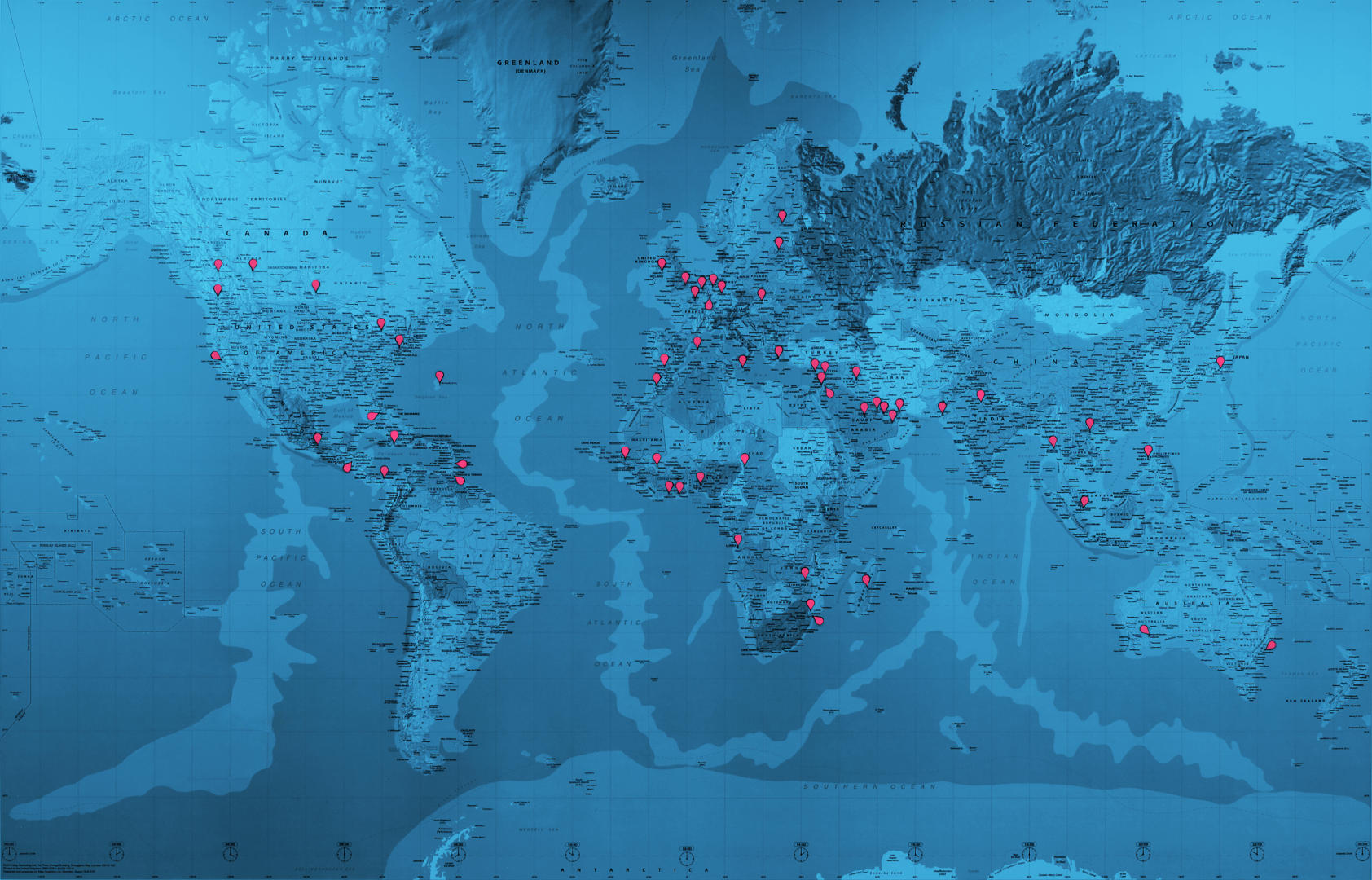 <p>World map with lots of pins showing the Formpipe customers around the globe.</p>