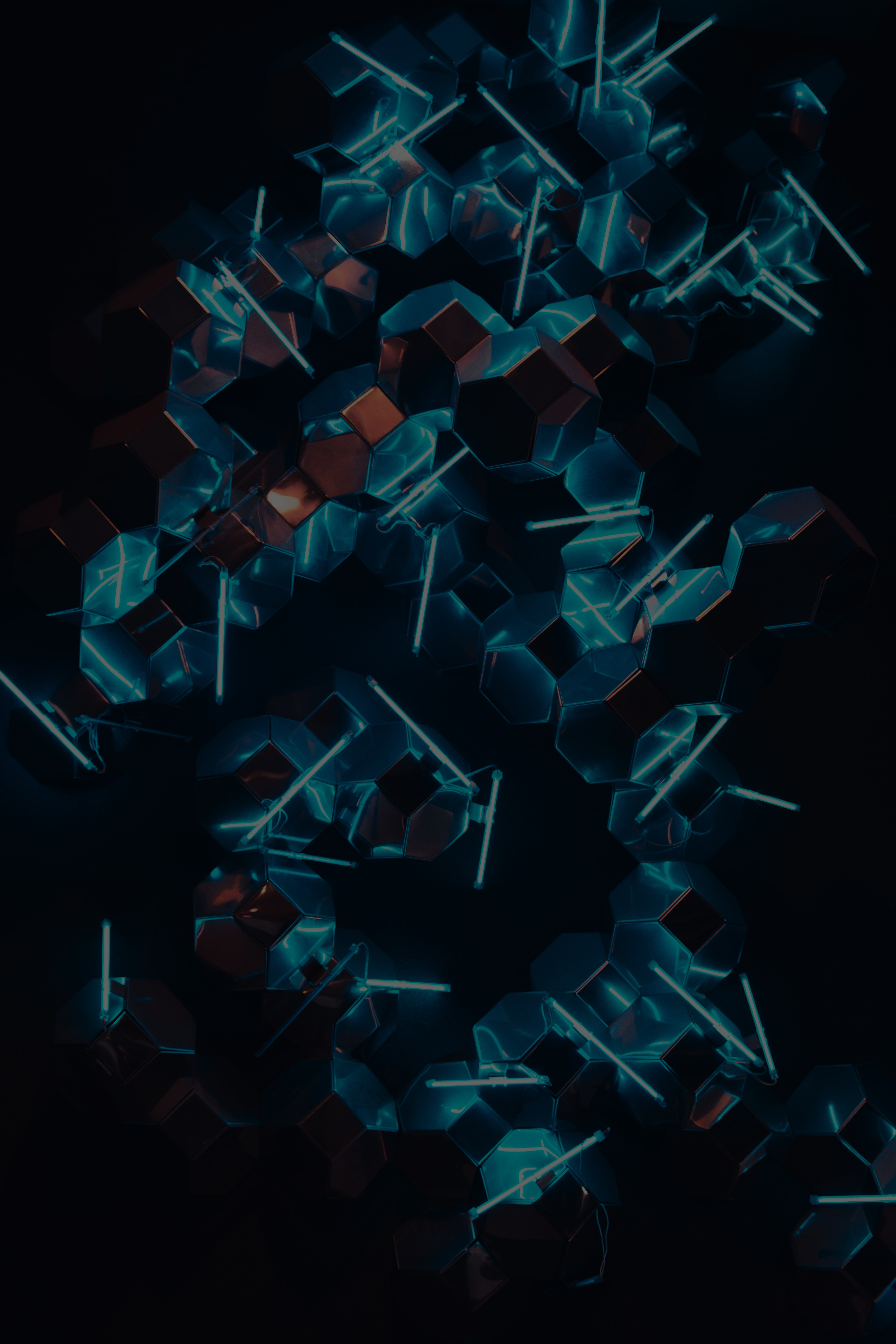 <p>Abstract blue Neon Light with Mirrors and cubical spheres</p>