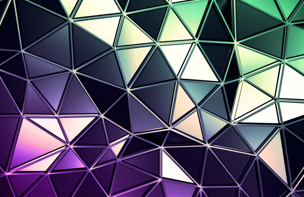 <p>Abstract triangulated surface with polygonal shapes in different purple and green colours.</p>