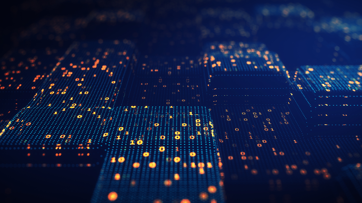 <p>Interconnected blue blocks of data depicting binary code in orange.</p>