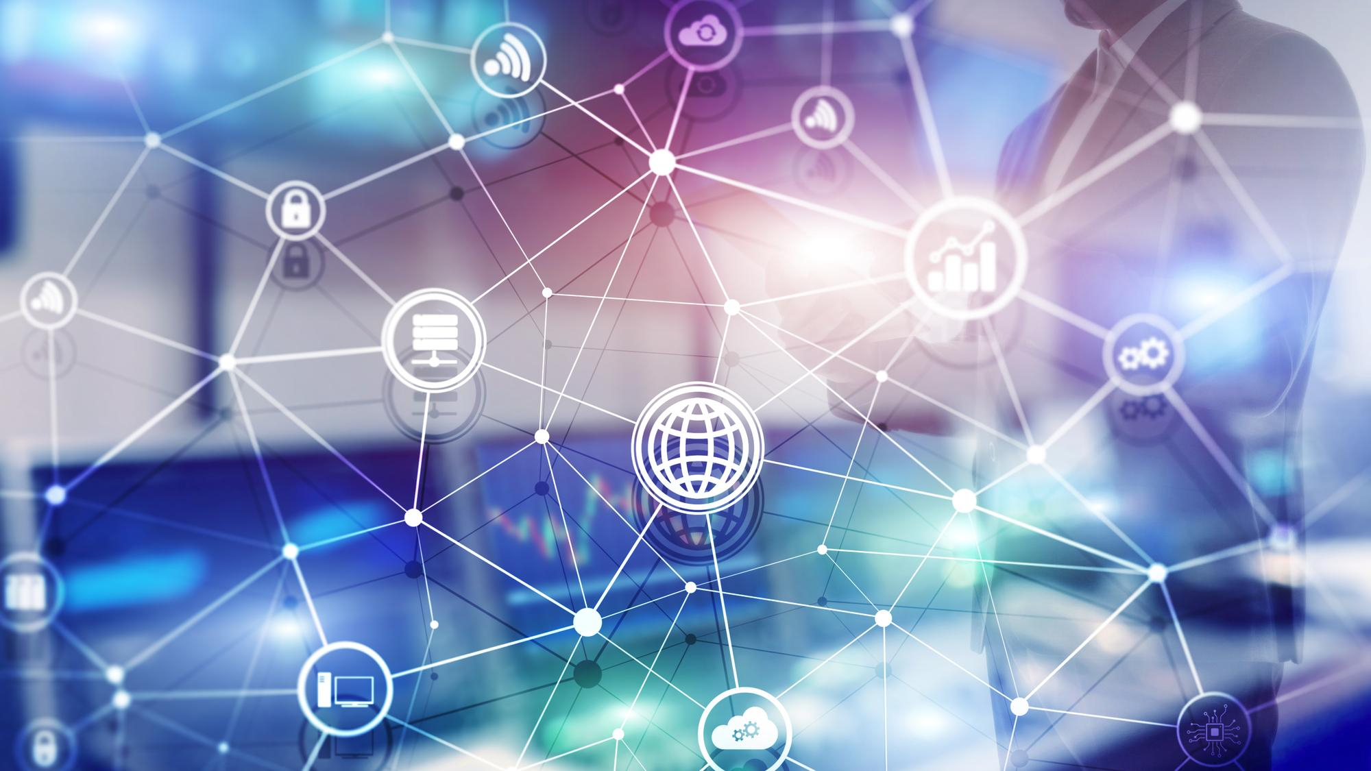 <p>Information and communications technology, internet of things, diagrams with icons in blue, purple and pink colours.</p>