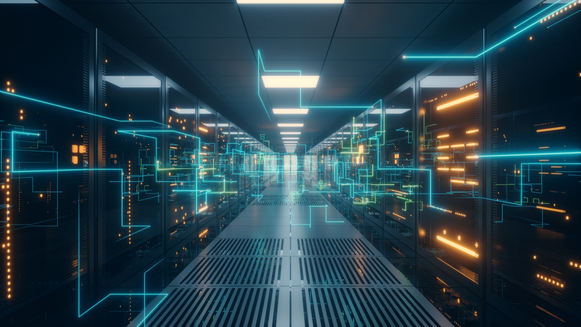 <p>Digital information travels through data servers in the server room of a data centre.</p>