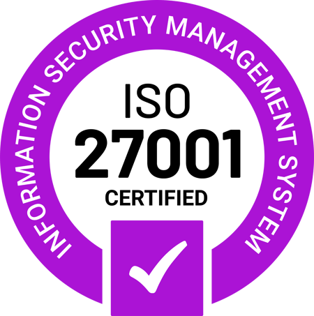 Formpipe purple branded ISO 27001 certified logo.