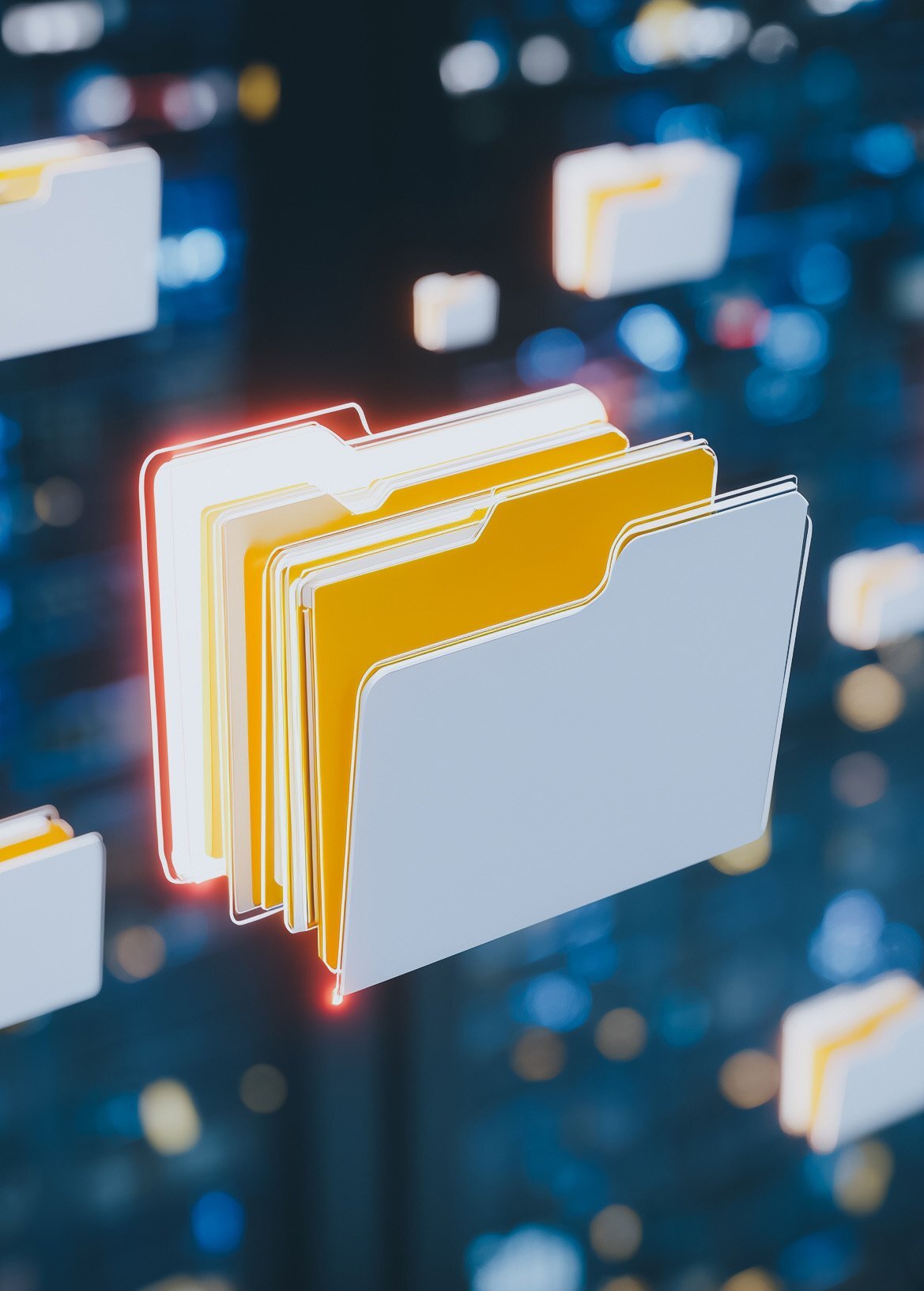 A collection of digital folders, glowing with neon outlines, floating against a blurred background of data and lights.