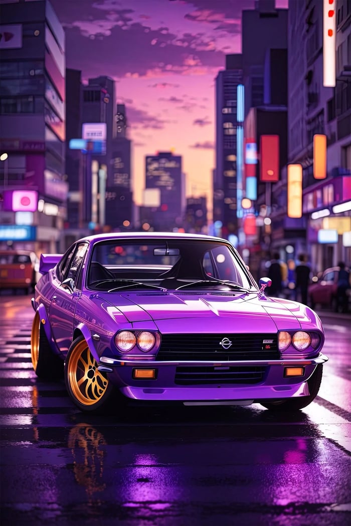 Purple classic sports car with gold rims parked on a wet city street at sunset with neon lights and tall buildings.