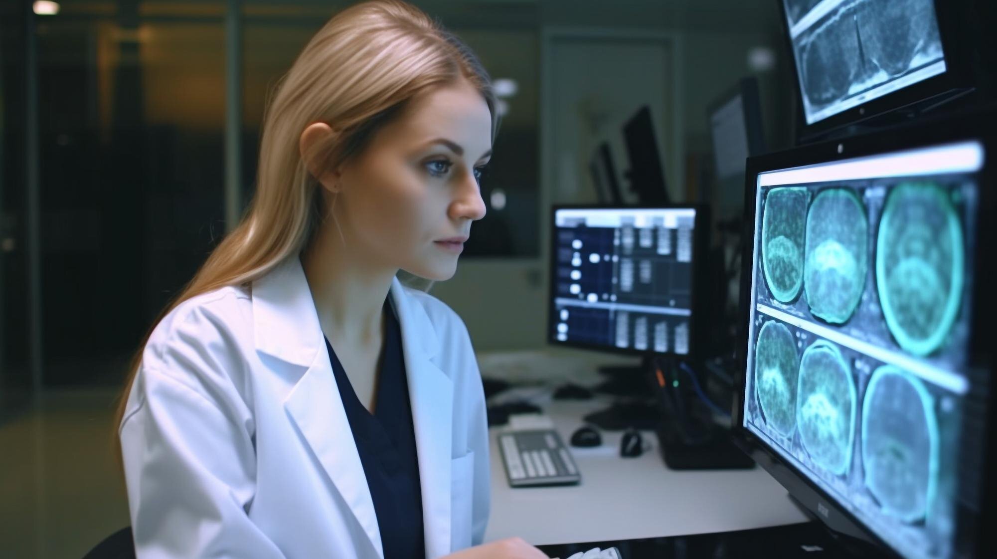 Female radiologist analyzing brain scans on multiple computer monitors.