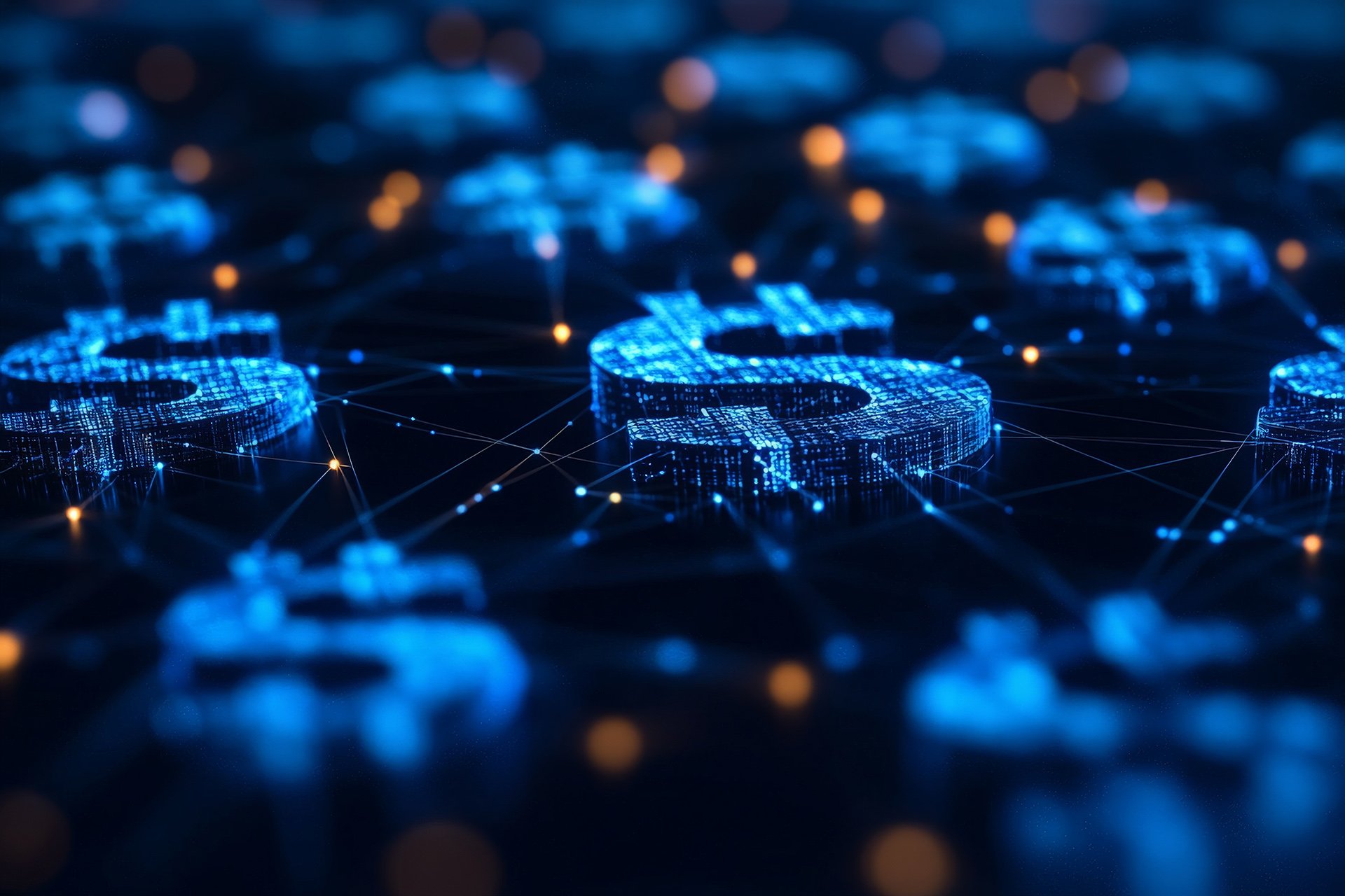 Digital dollar signs connected by glowing lines representing financial technology.