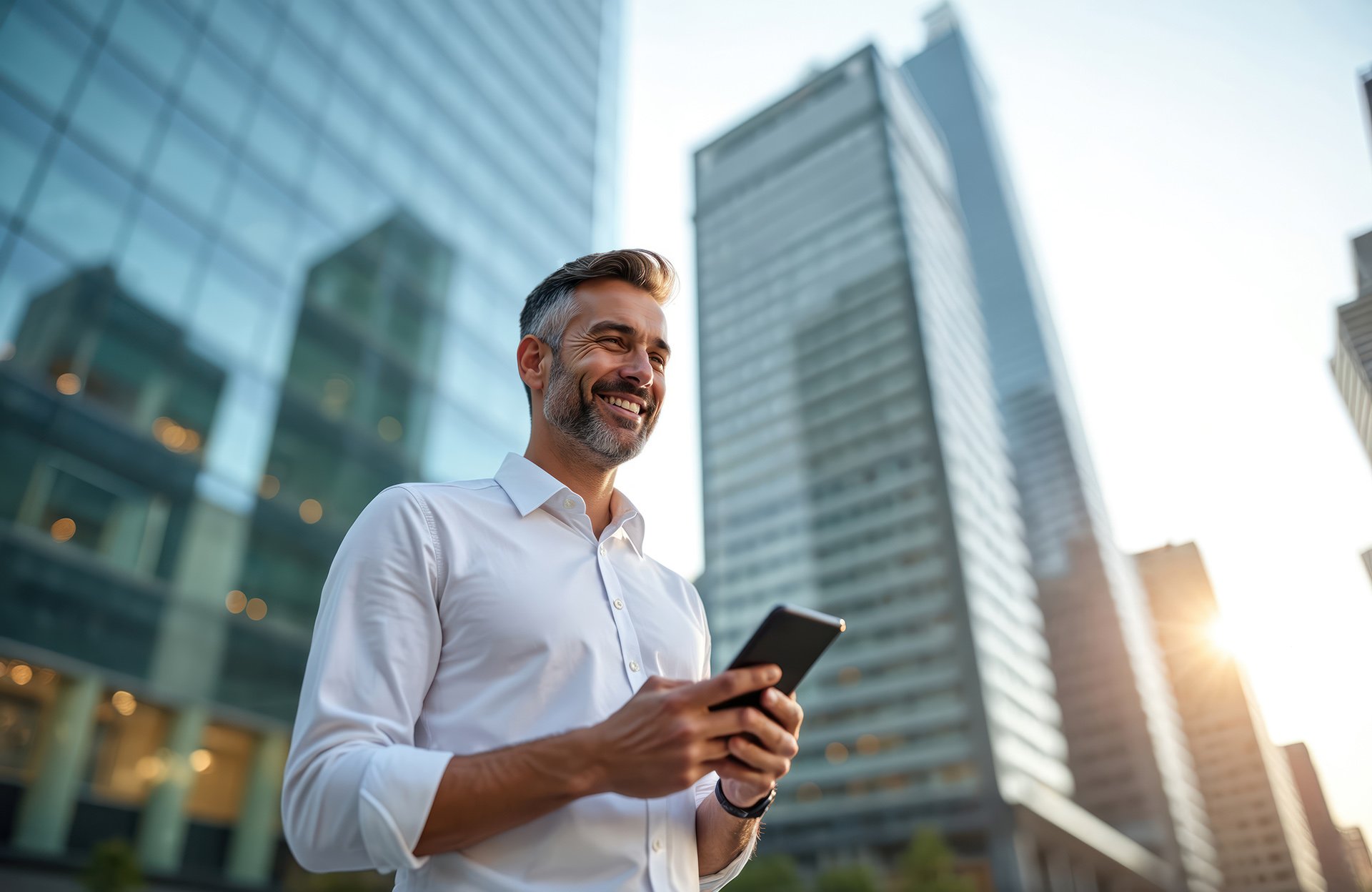 Smiling businessman using a smartphone in a city with tall office buildings.