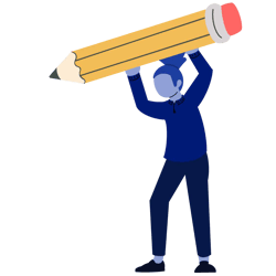Illustration of a blue-toned person holding a large yellow pencil overhead.