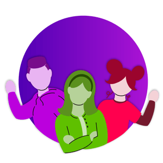 Abstract illustration of three stylized figures: a purple-toned person waving, a green-toned person with crossed arms, and a red-toned person also waving. The background is a vibrant purple circle.