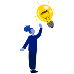 Illustration of a blue figure with a ponytail, reaching up towards a glowing yellow lightbulb.