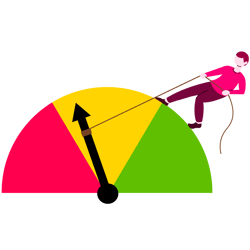 Illustration of a person in pink pulling an arrow on a colorful semicircular gauge from red to green, symbolizing improvement or progress.