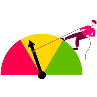 Illustration of a person in pink pulling an arrow on a colorful semicircular gauge from red to green, symbolizing improvement or progress.