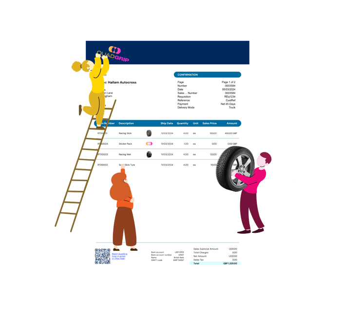 Three illustrated figures interact with a large invoice. One is on a ladder near the top, another holds up the paper, and the third carries a tire onto the image.