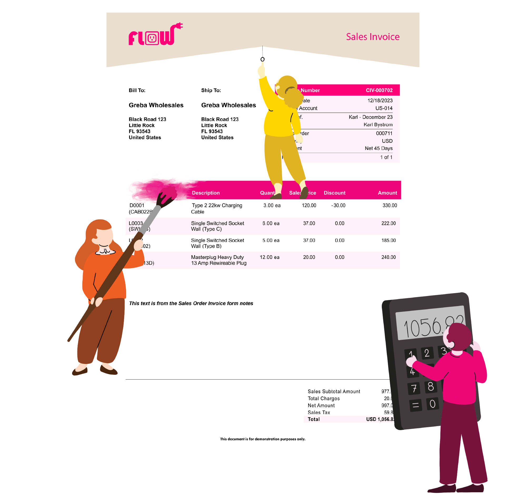 Illustration of a sales invoice with decorative characters; one paints, the other uses a giant calculator. The invoice details various product sales.