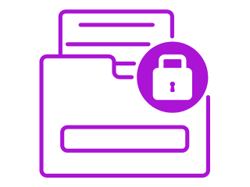 A purple circle representing a locked secure file system, surrounded by documents and a small padlock icon.