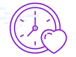 Grafisk illustration av en klocka med ett hjärta, som symboliserar kopplingen mellan tid och välbefinnande i lila konturer.