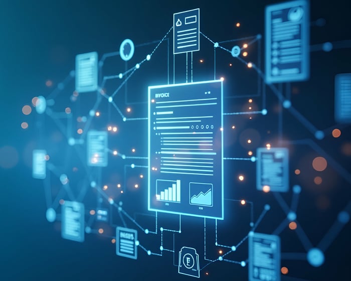 A digital representation of interconnected invoices and documents, showcasing data flow and financial analytics against a blue backdrop.