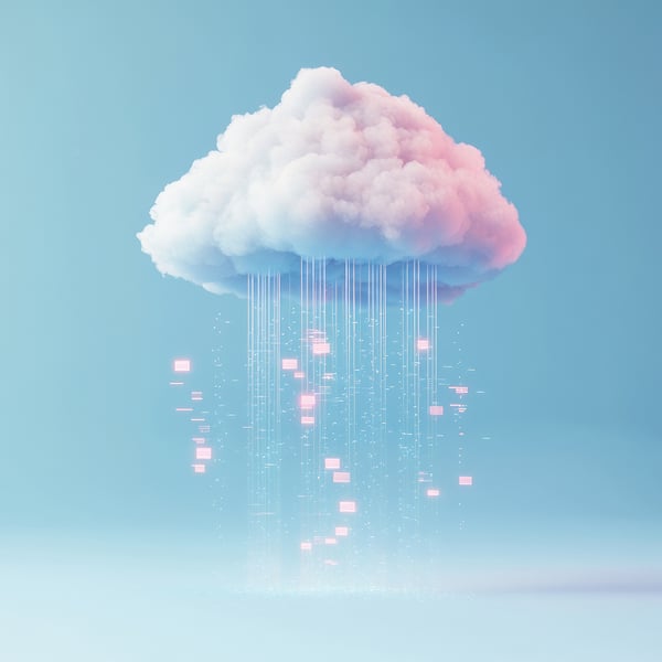 A fluffy, pastel-colored cloud raining down digital squares and binary code against a soft blue background, symbolizing data flow.