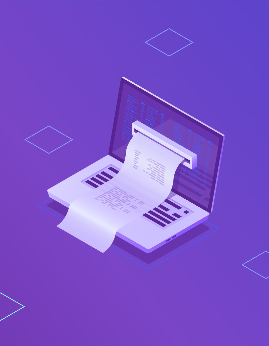 Un ordinateur portable avec un écran à code, produisant un long reçu imprimé avec des données, sur un fond violet vibrant.