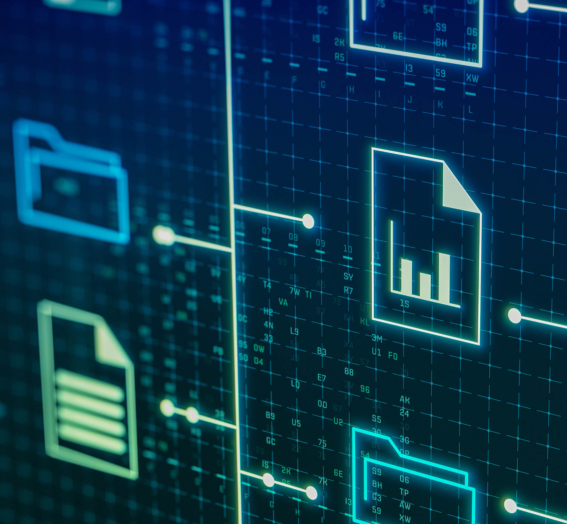 Digital graphic displaying luminous icons of folders and documents on a grid background, symbolizing data management and technology. Cool blue and green tones convey a futuristic feel. Digital graphic displaying luminous icons of folders and documents on a grid background, symbolizing data management and technology. Cool blue and green tones convey a futuristic feel.
